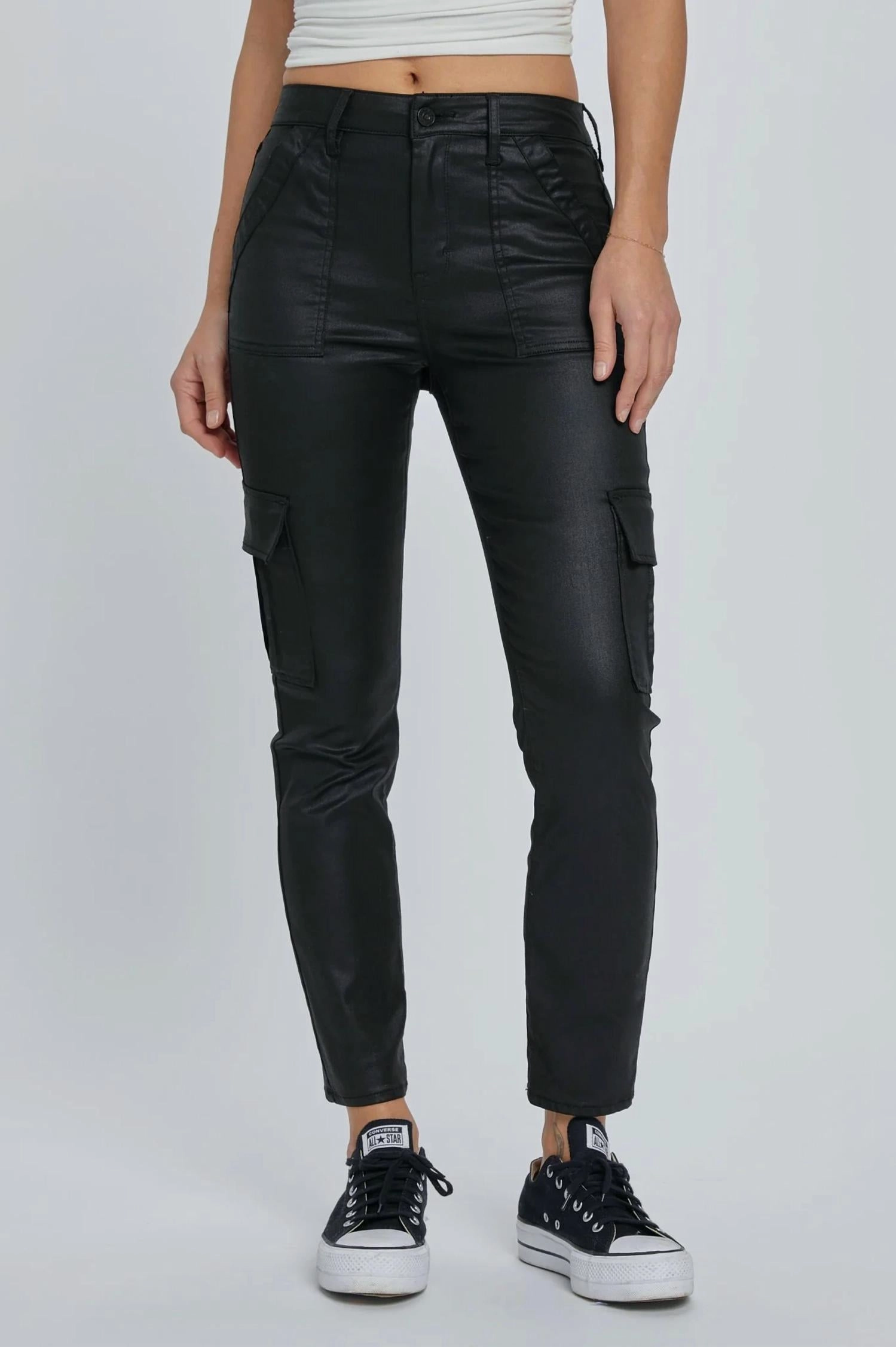 High Rise Black Coated Cargo Cigarette Skinny Jean