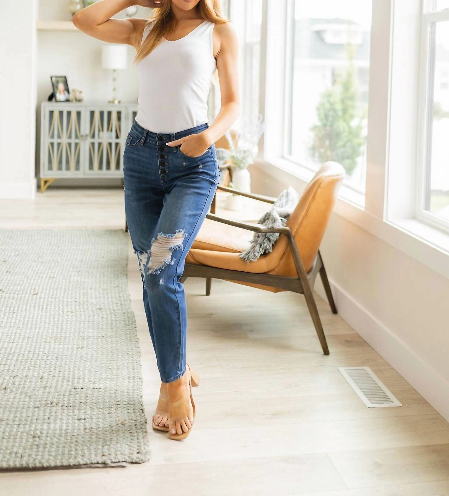 High Rise Button Fly Distressed Boyfriend Jeans In Dark Wash