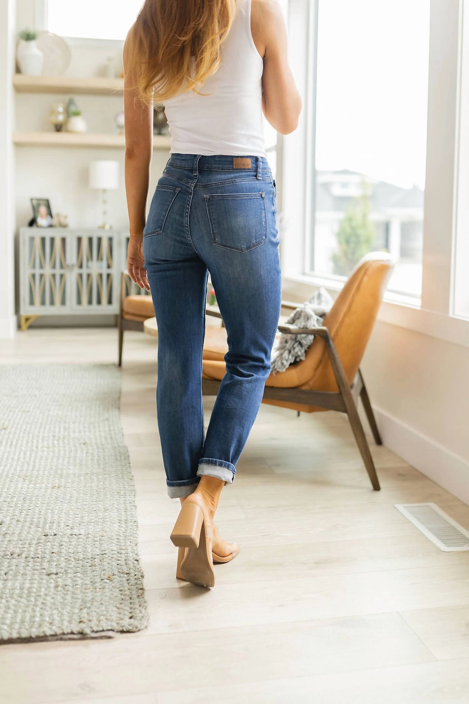 High Rise Button Fly Distressed Boyfriend Jeans In Dark Wash