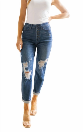 High Rise Button Fly Distressed Boyfriend Jeans In Dark Wash womens peg pants deal
