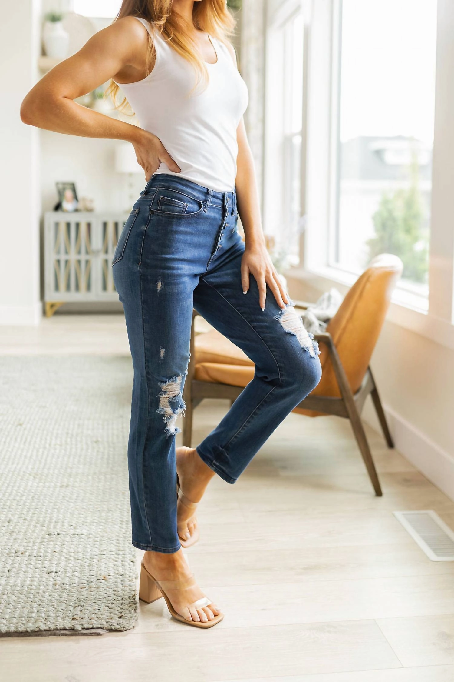 High Rise Button Fly Distressed Boyfriend Jeans In Dark Wash