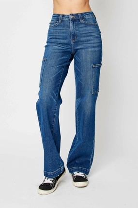 High Rise Cargo Straight Jean In Dark Wash womens leather pants outlet