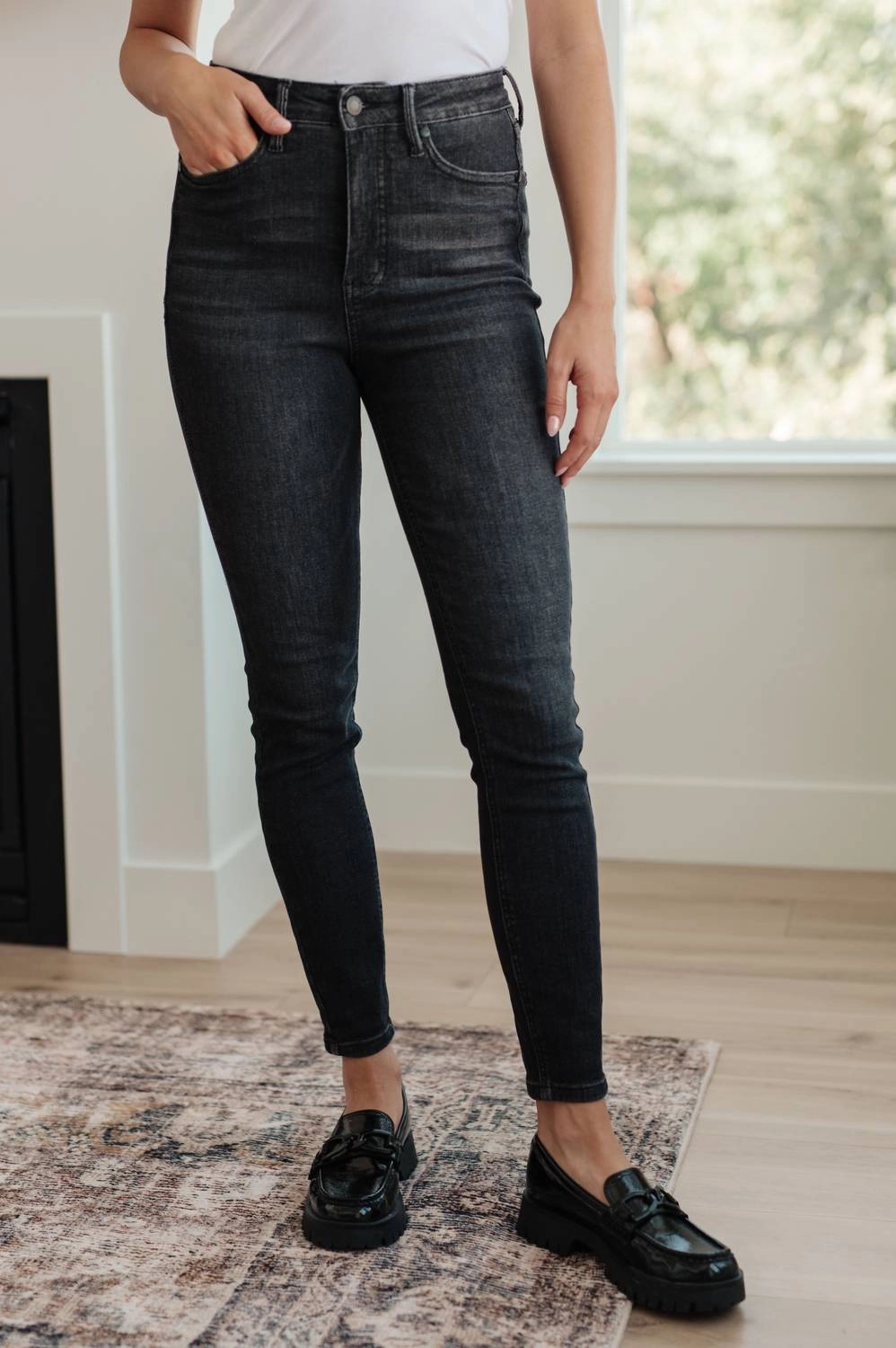 High Rise Control Top Skinny Jeans In Washed Black