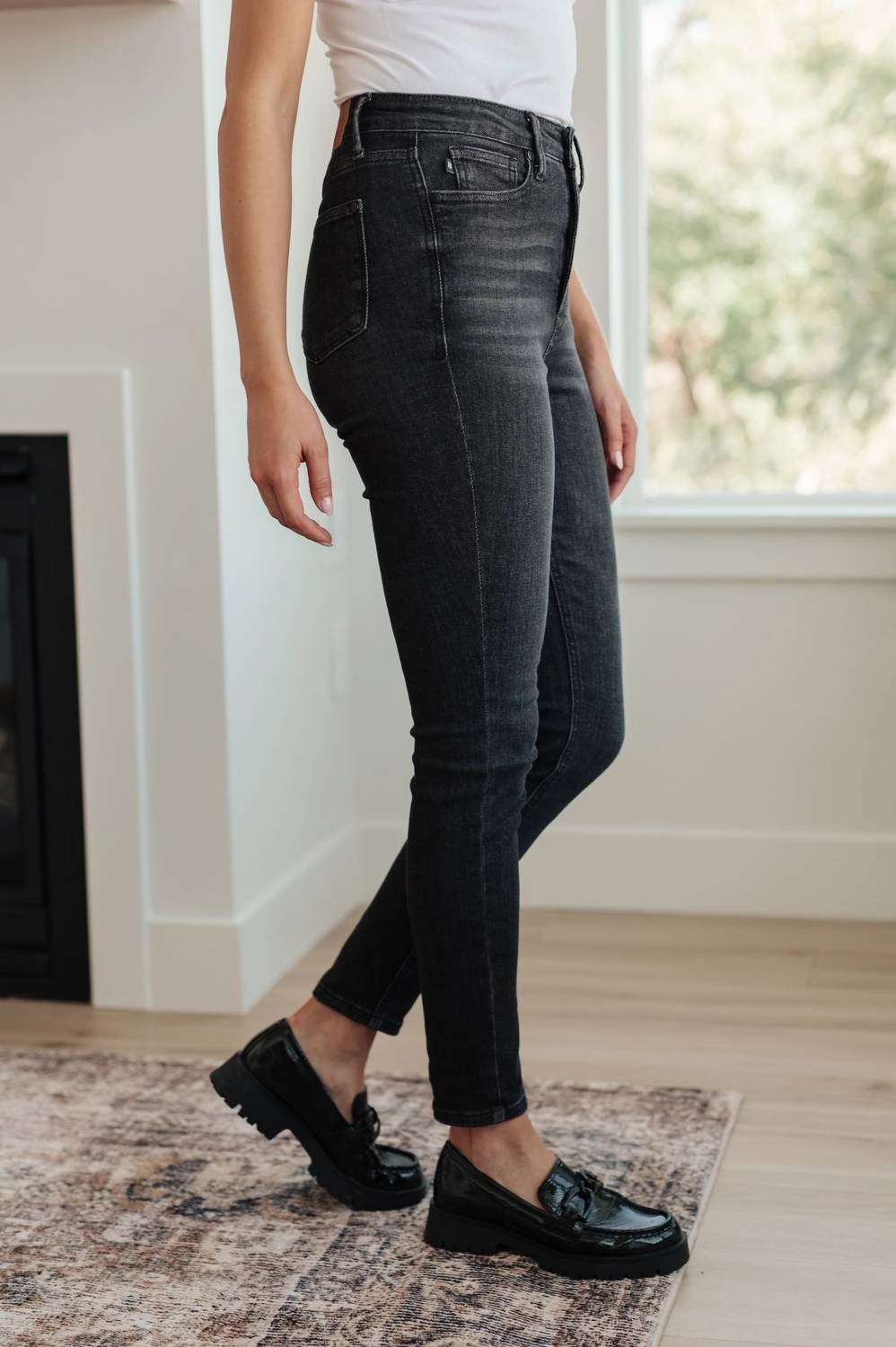 High Rise Control Top Skinny Jeans In Washed Black
