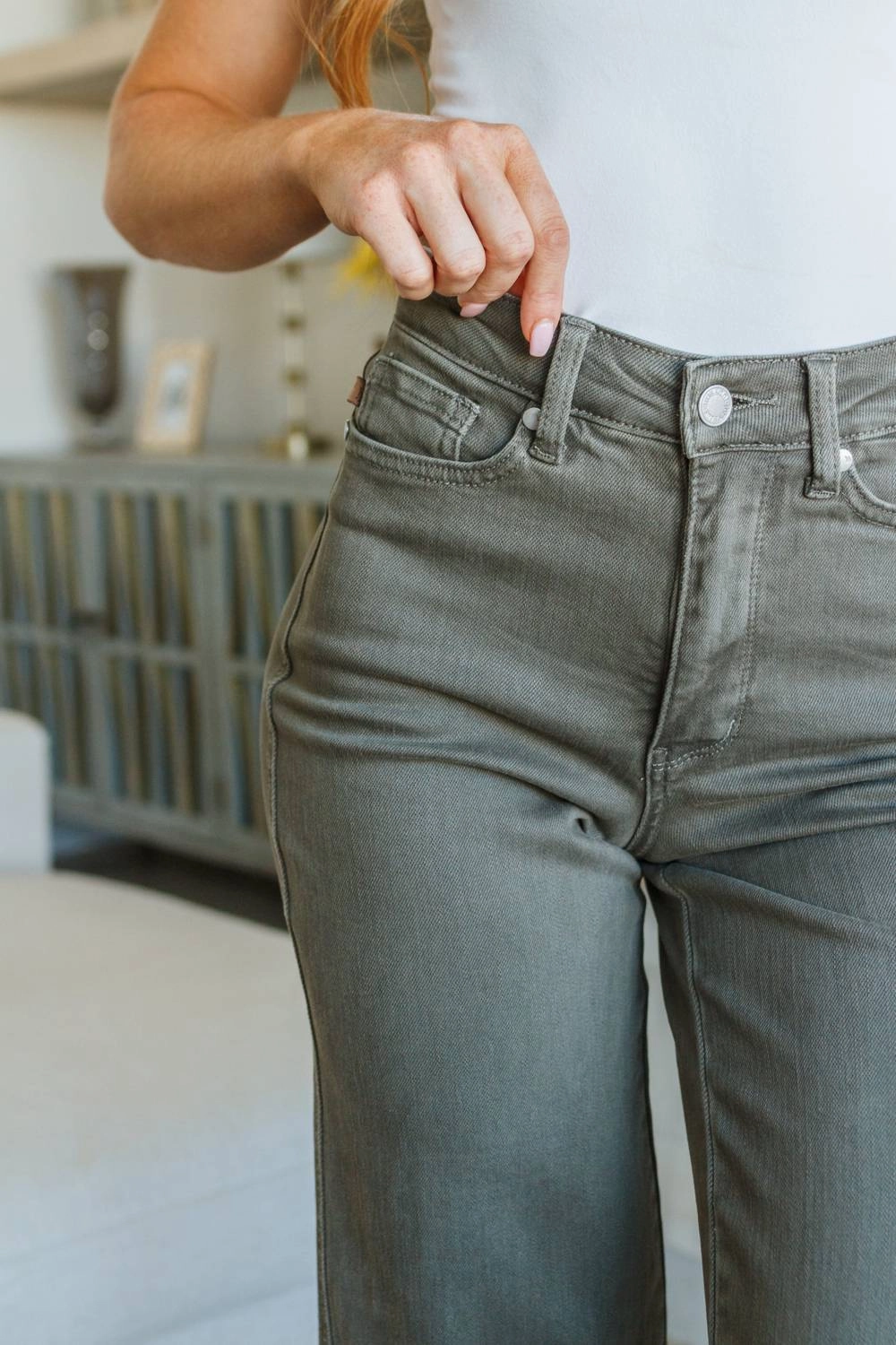 High Rise Control Top Wide Leg Crop Jeans In Olive