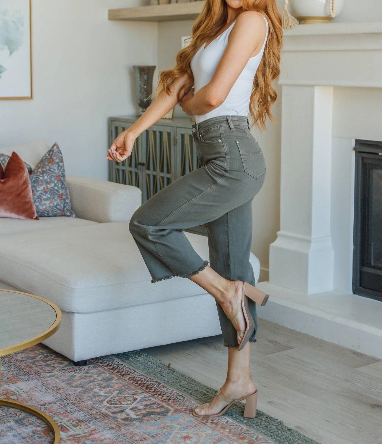 High Rise Control Top Wide Leg Crop Jeans In Olive