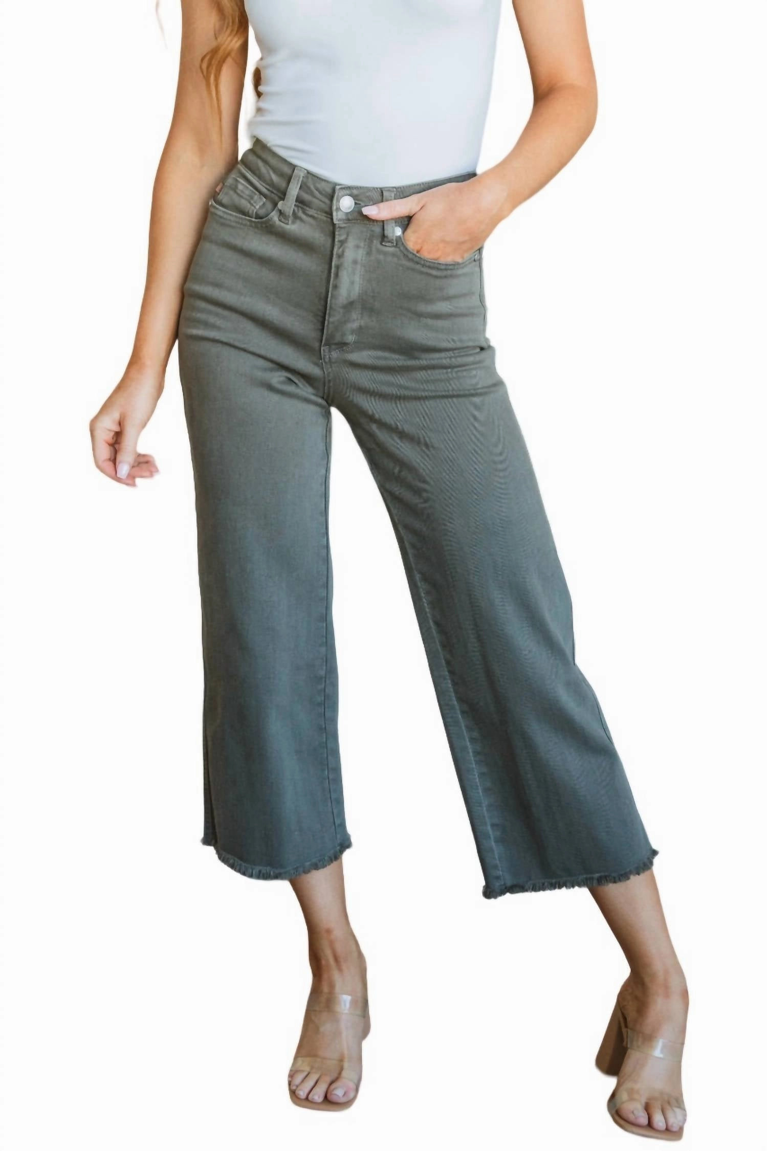 High Rise Control Top Wide Leg Crop Jeans In Olive womens peg pants deal