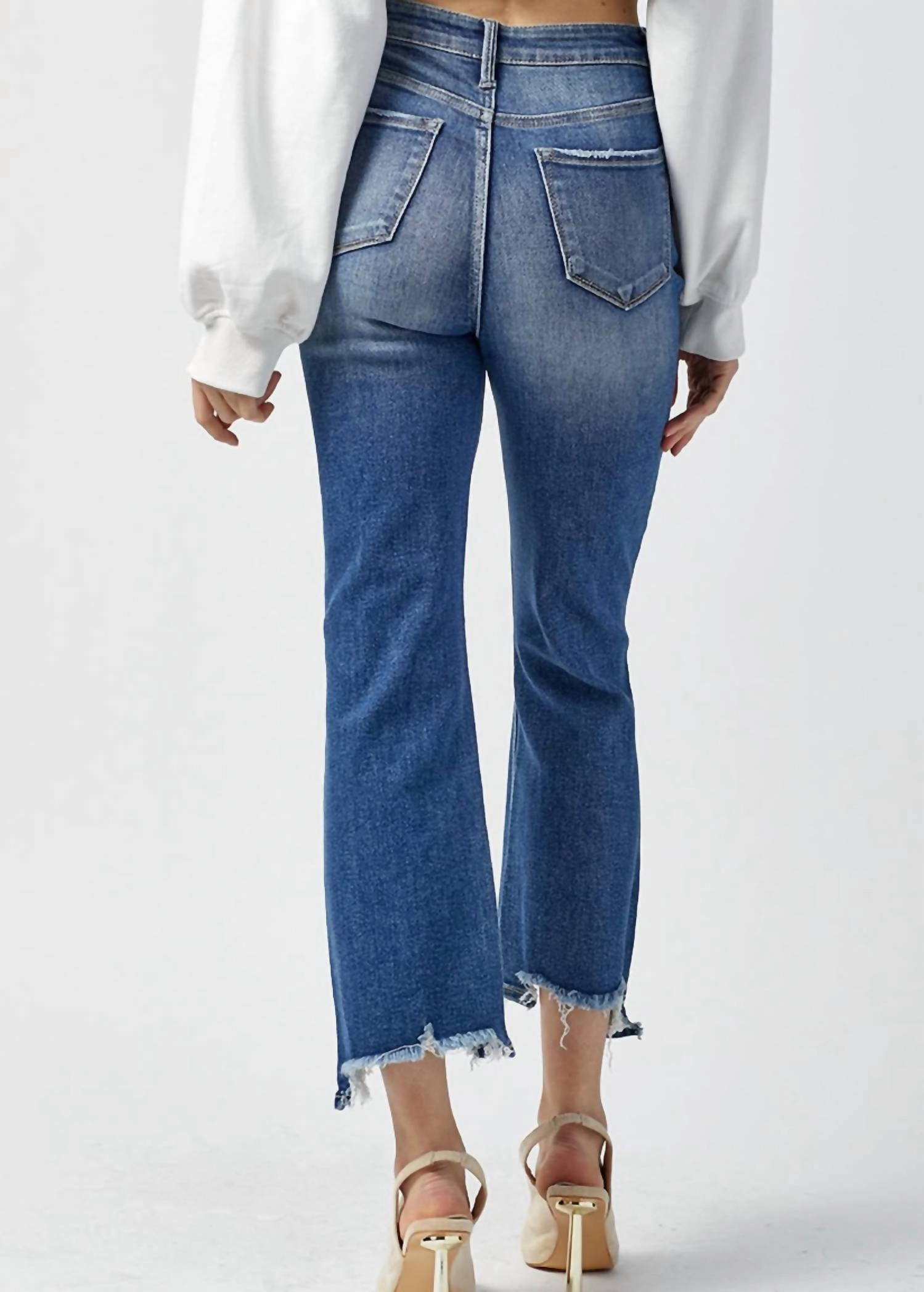 High Rise Crop Chew Hem Jeans In Denim