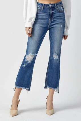 High Rise Crop Chew Hem Jeans In Denim womens yoga pants sale