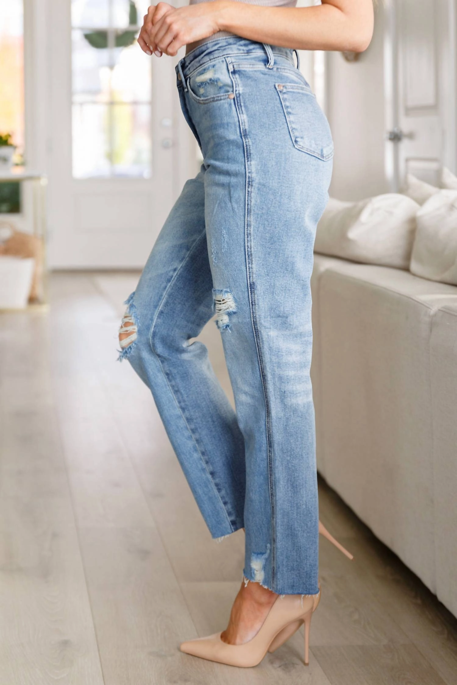 High Rise Rigid Magic Destroy Slim Straight Jeans In Medium Wash