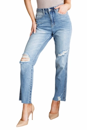 High Rise Rigid Magic Destroy Slim Straight Jeans In Medium Wash bottoms for women sale