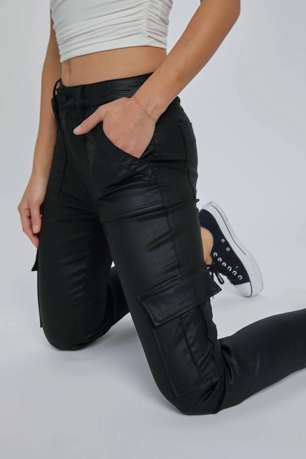 High Waist Cargo Cigarette Skinny Jeans In Black