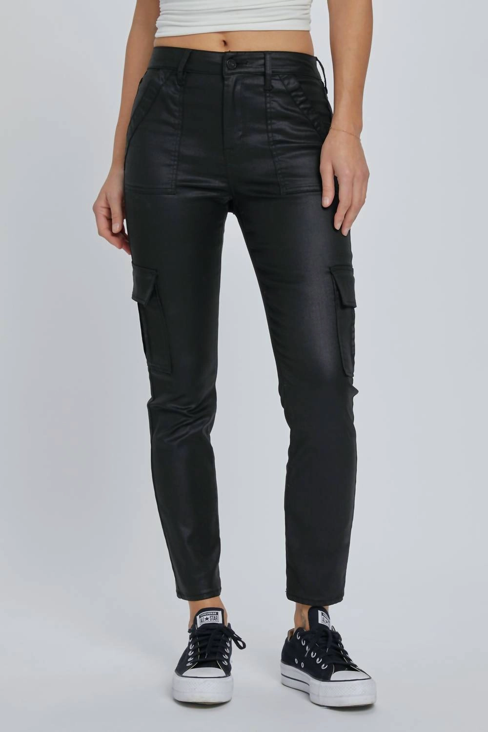 High Waist Cargo Cigarette Skinny Jeans In Black womens parachute pants cheap