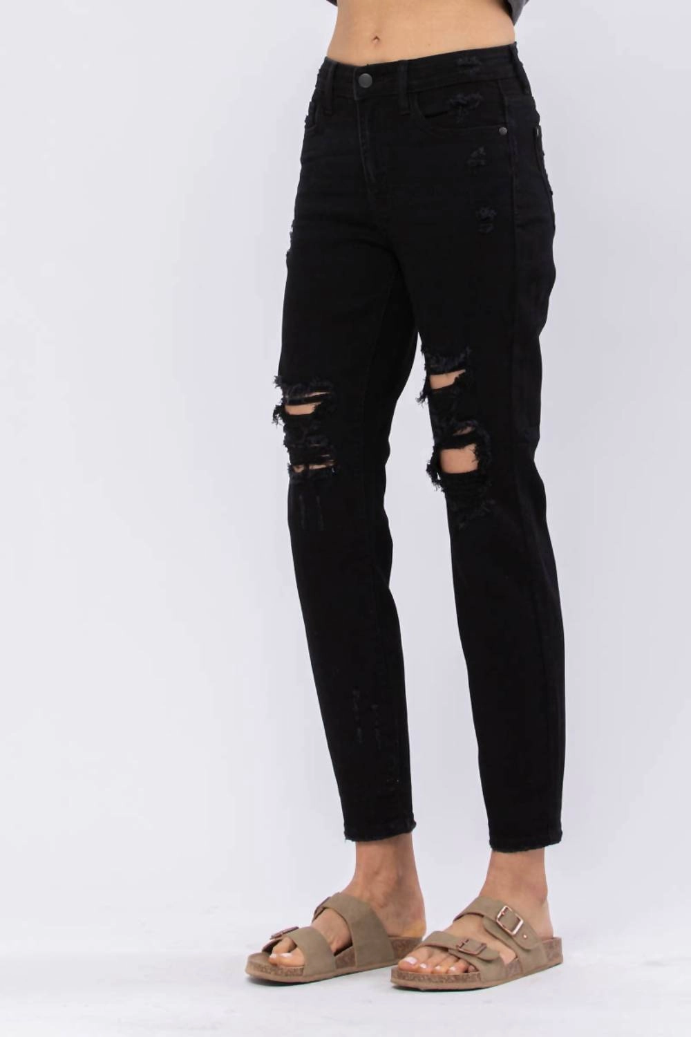 High Waist Destroyed Boyfriend Denim Jeans In Black