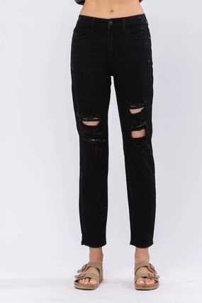 High Waist Destroyed Boyfriend Denim Jeans In Black womens trousers outlet