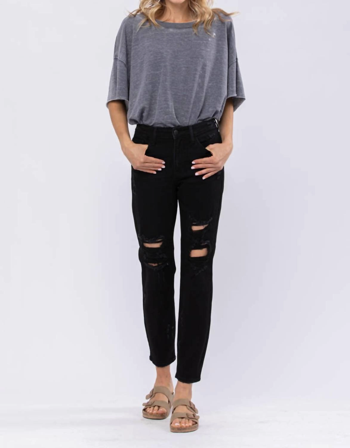 High Waist Destroyed Boyfriend Denim Jeans In Black