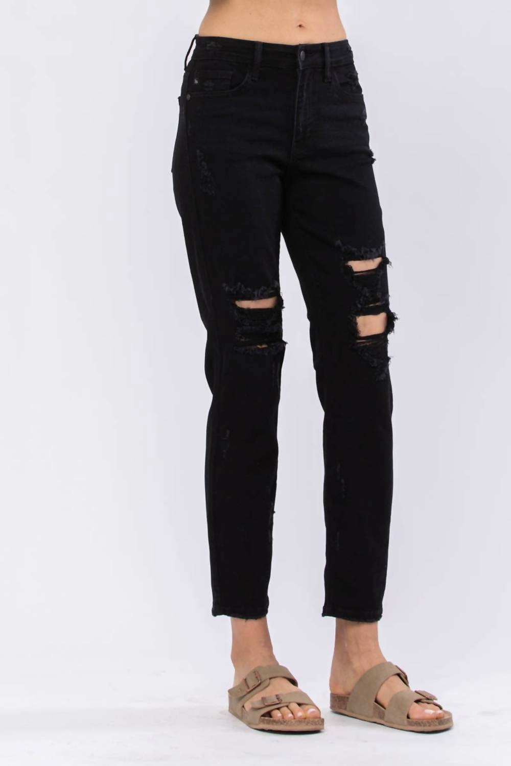 High Waist Destroyed Boyfriend Denim Jeans In Black