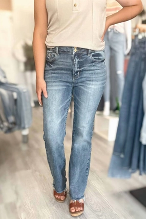 High Waist Double Button Bootcut In Blue womens cargo pants promo