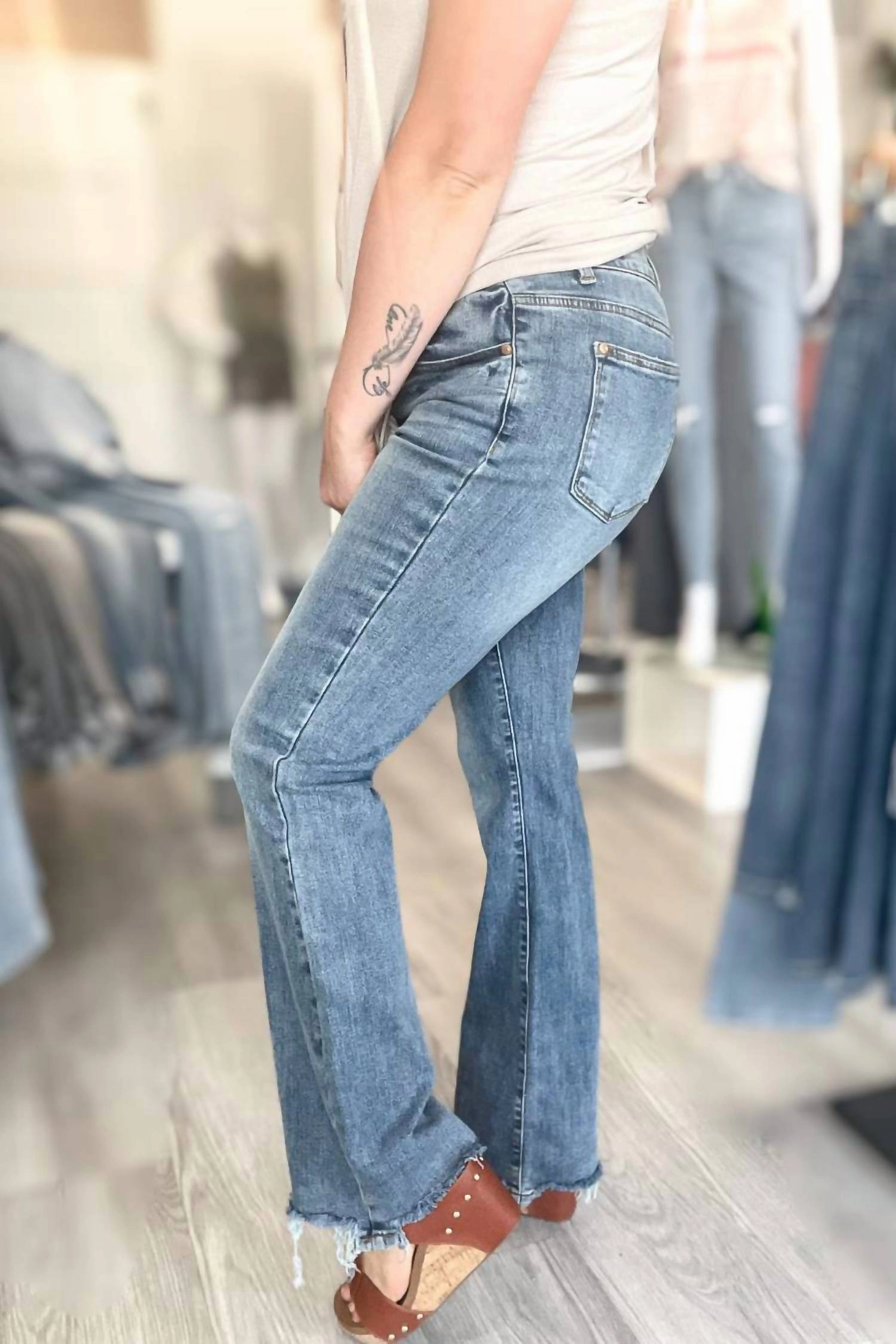 High Waist Double Button Bootcut In Blue