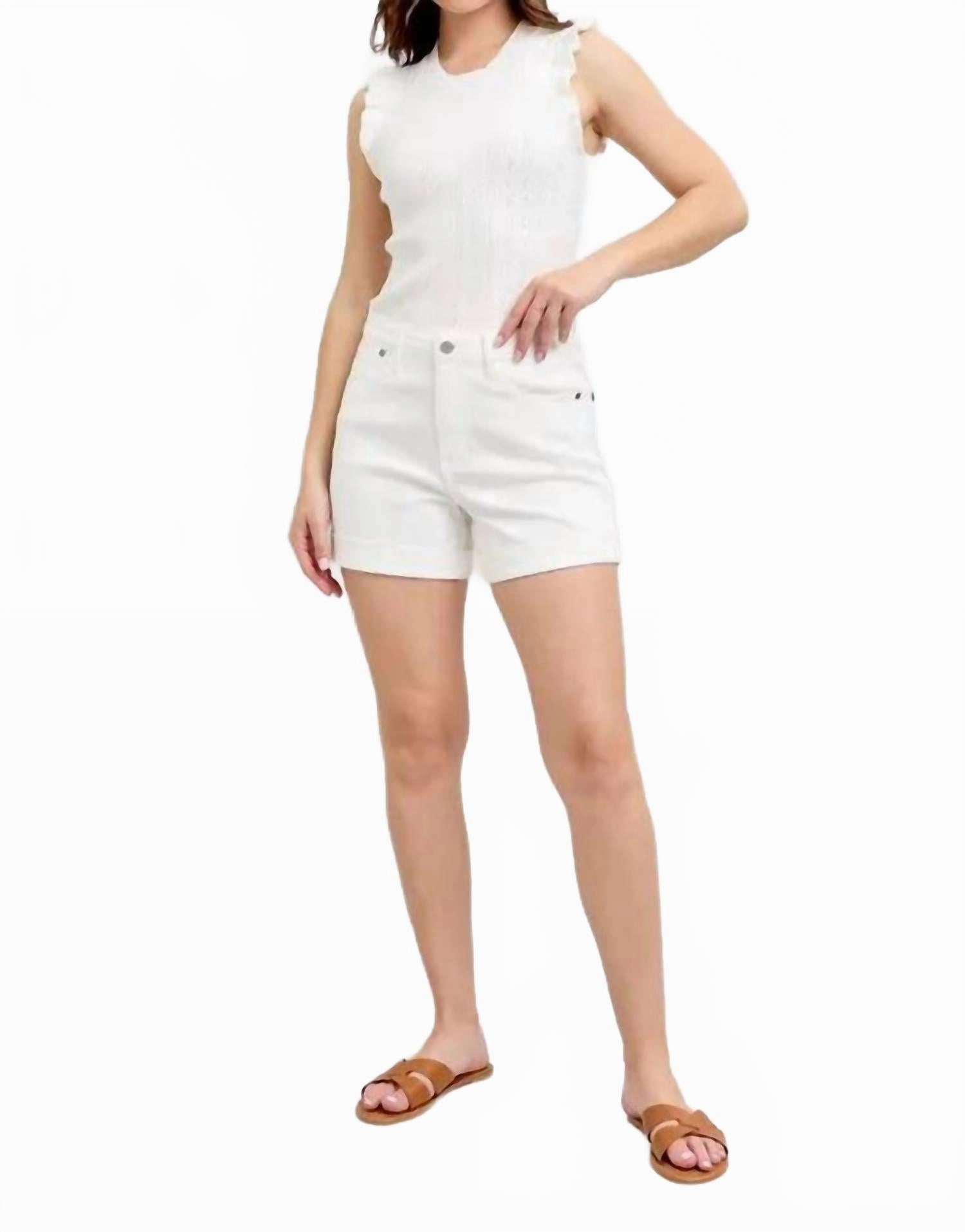 High Waist Double Roll Cuff Denim Shorts - Plus In White