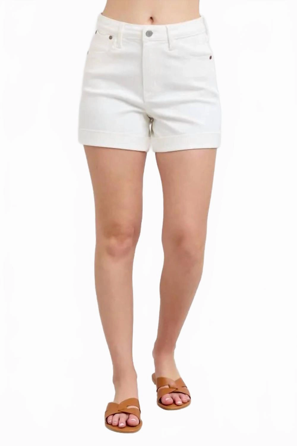 High Waist Double Roll Cuff Denim Shorts - Plus In White