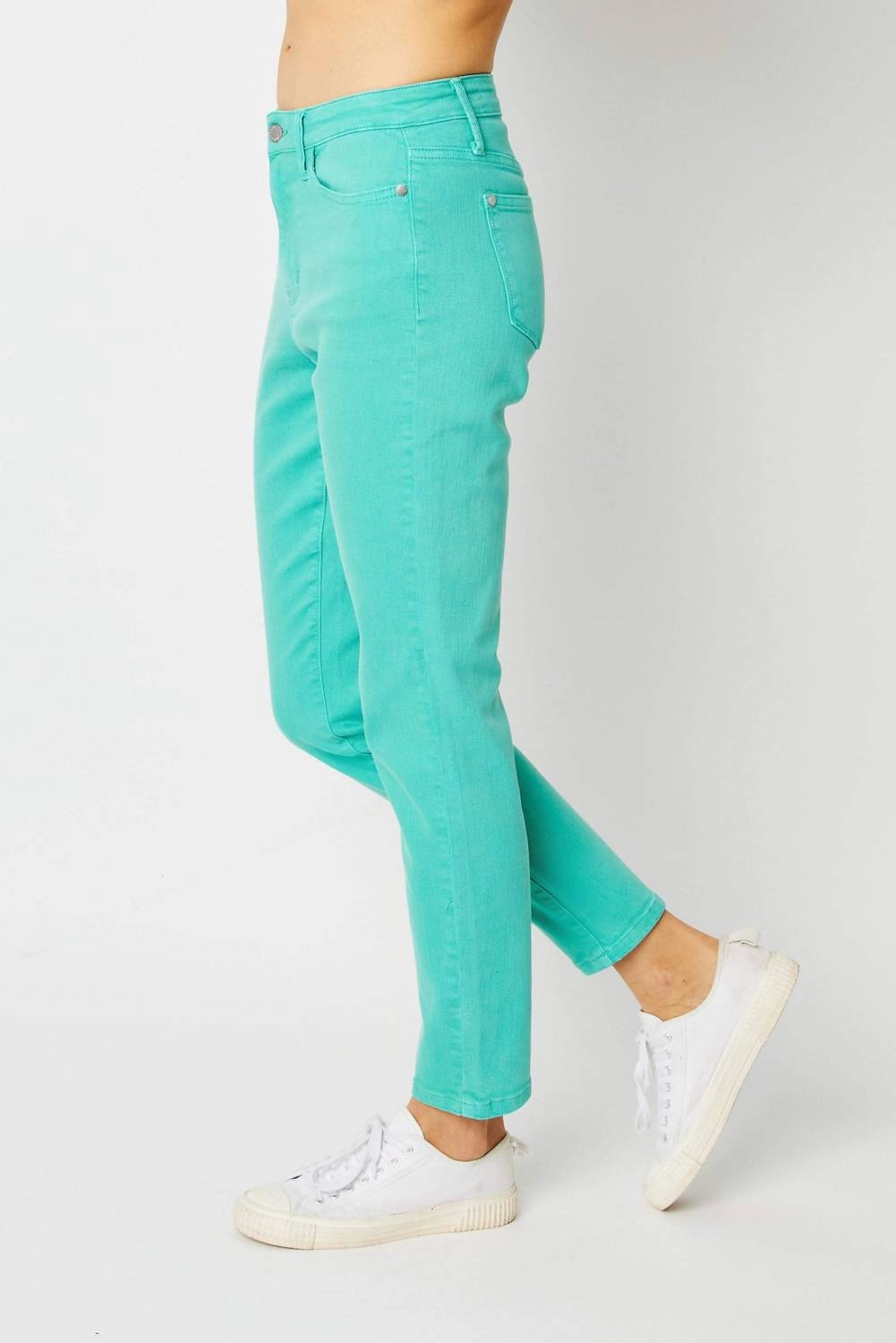 High Waist Garment Dyed Slim Denim Jeans In Aquamarine
