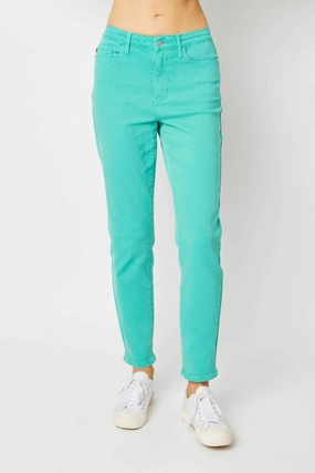 High Waist Garment Dyed Slim Denim Jeans In Aquamarine womens trousers outlet