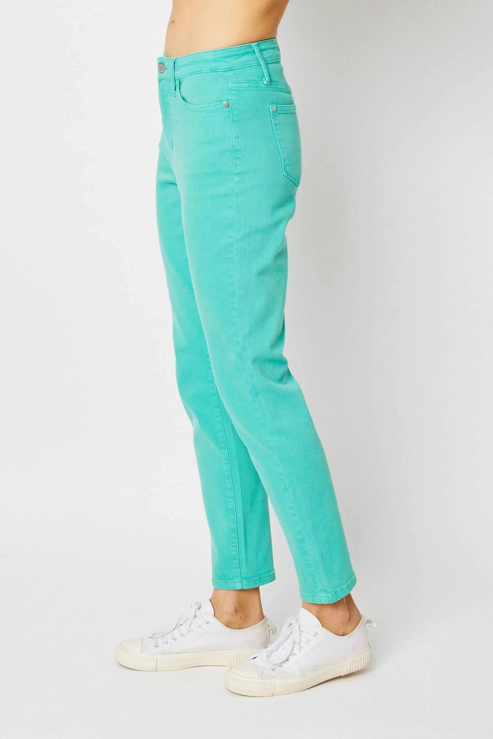 High Waist Garment Dyed Slim Denim Jeans In Aquamarine