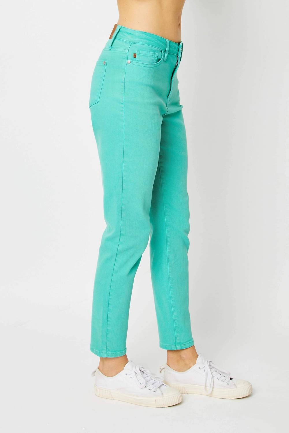 High Waist Garment Dyed Slim Denim Jeans In Aquamarine