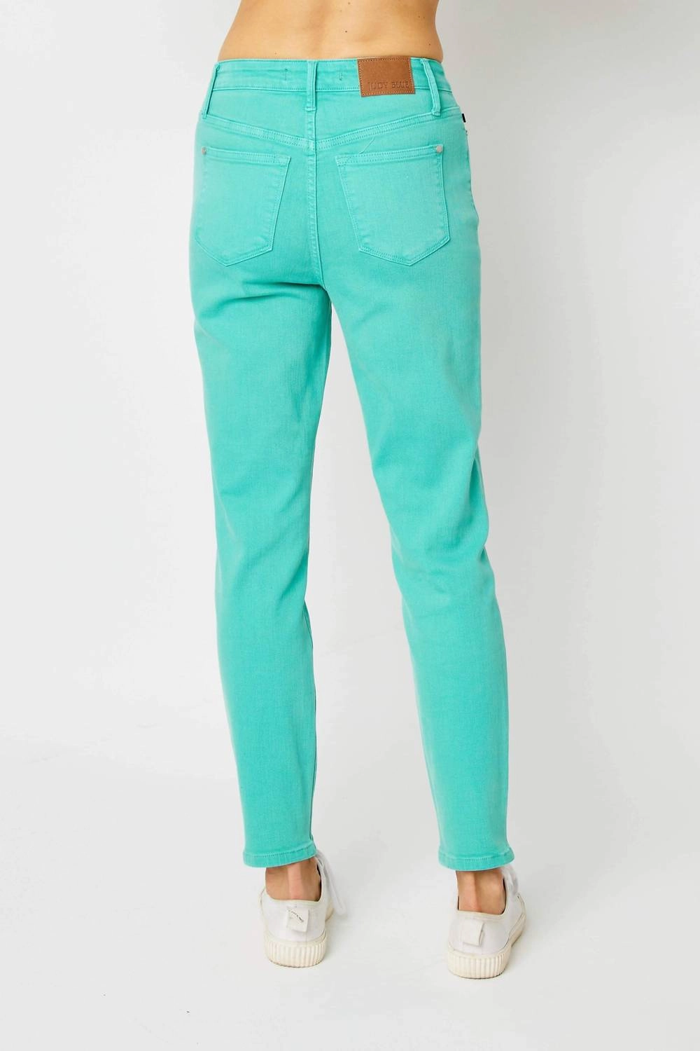 High Waist Garment Dyed Slim Denim Jeans In Aquamarine