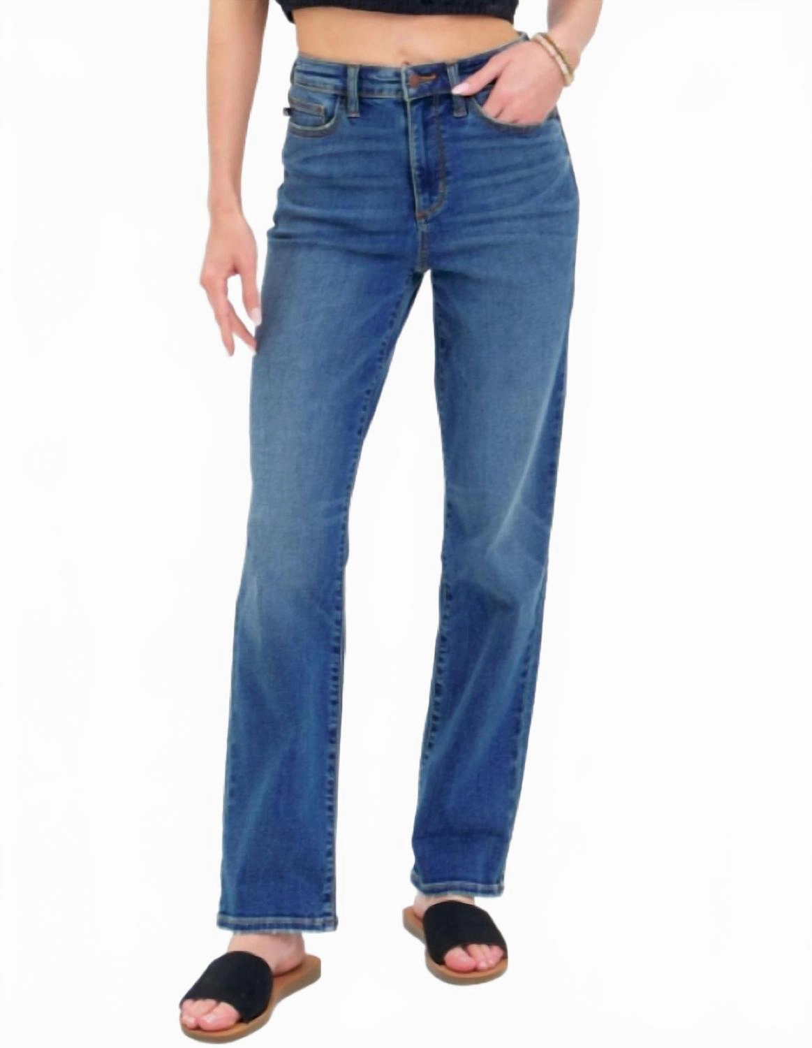 High Waist Straight Jeans In Medium Wash womens dress pants clearance