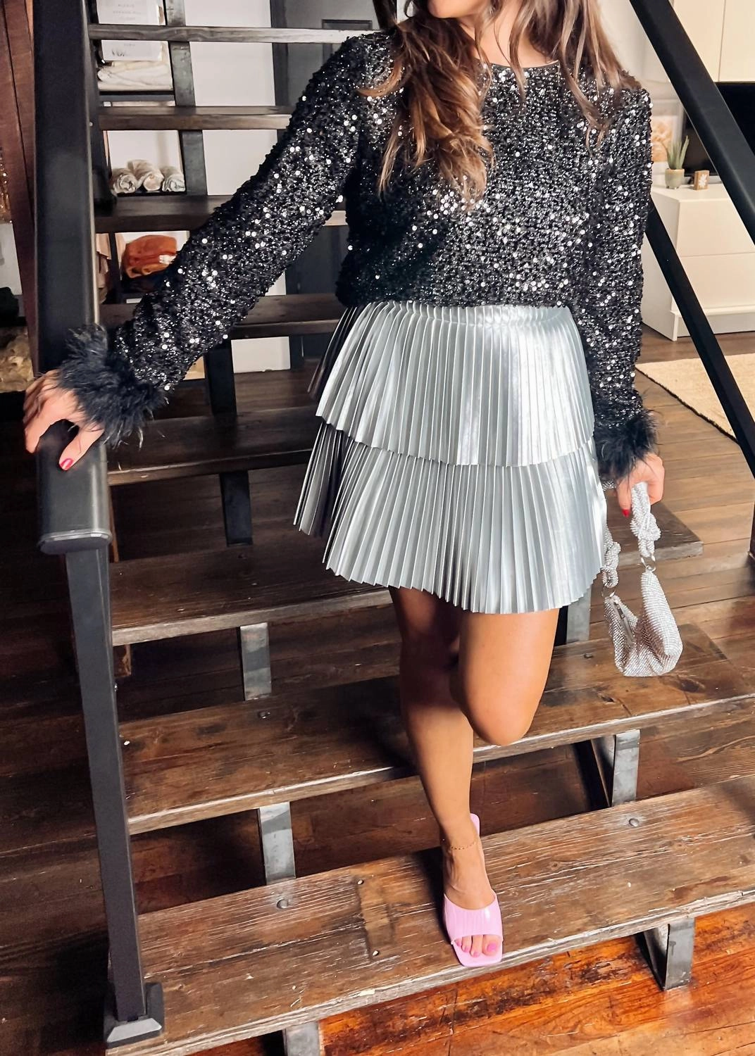 Holiday Party Pleated Mini Skirt In Silver
