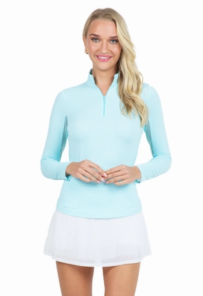 IBKUL Long Sleeve Mock Neck Top - Mini Check Seafoam/White womens blouses promo