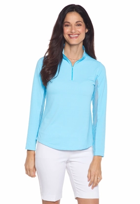 IBKUL Long Sleeve Mock Neck Top - Mini Check Turq/White womens blouses promo