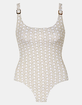 Indira Round Neck Swimsuit - White and Gold Swim Womens - sport swimwear clearance