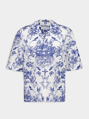 Ivory and Navy Sailor Tattoo Print Shirt Tops Mens - graphic tees sale