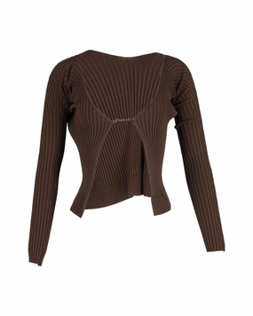 Jacquemus La Maille Pral Longue Logo Cardigan in Brown Polyester Tops Womens - puff-sleeve tops