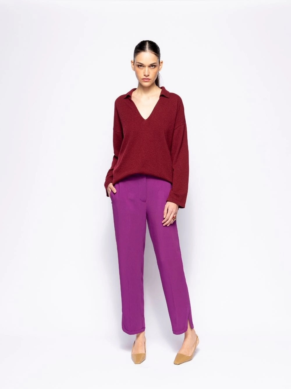 Jane Cabernet Knitted V-Neck Top