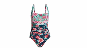 Johnny Was Japer Ruched One Piece Swimsuit Floral Print Swimsuit Swim Womens - tie-side bikinis