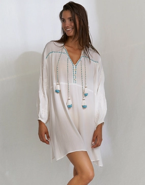 Kaftan Tunic - White and Blue Swim Womens - bikinis clearance