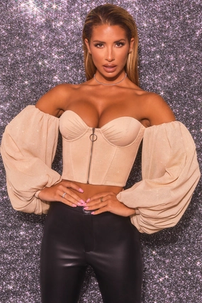 Keep On Shining Bardot Puff Sleeve Crop Top in Gold Tops - basic tees cheap