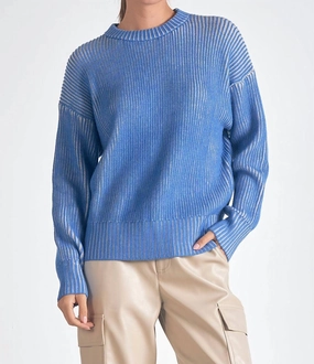 Kendra Ribbed Crewneck Sweater In Blue/white Tops Womens - button-up blouses