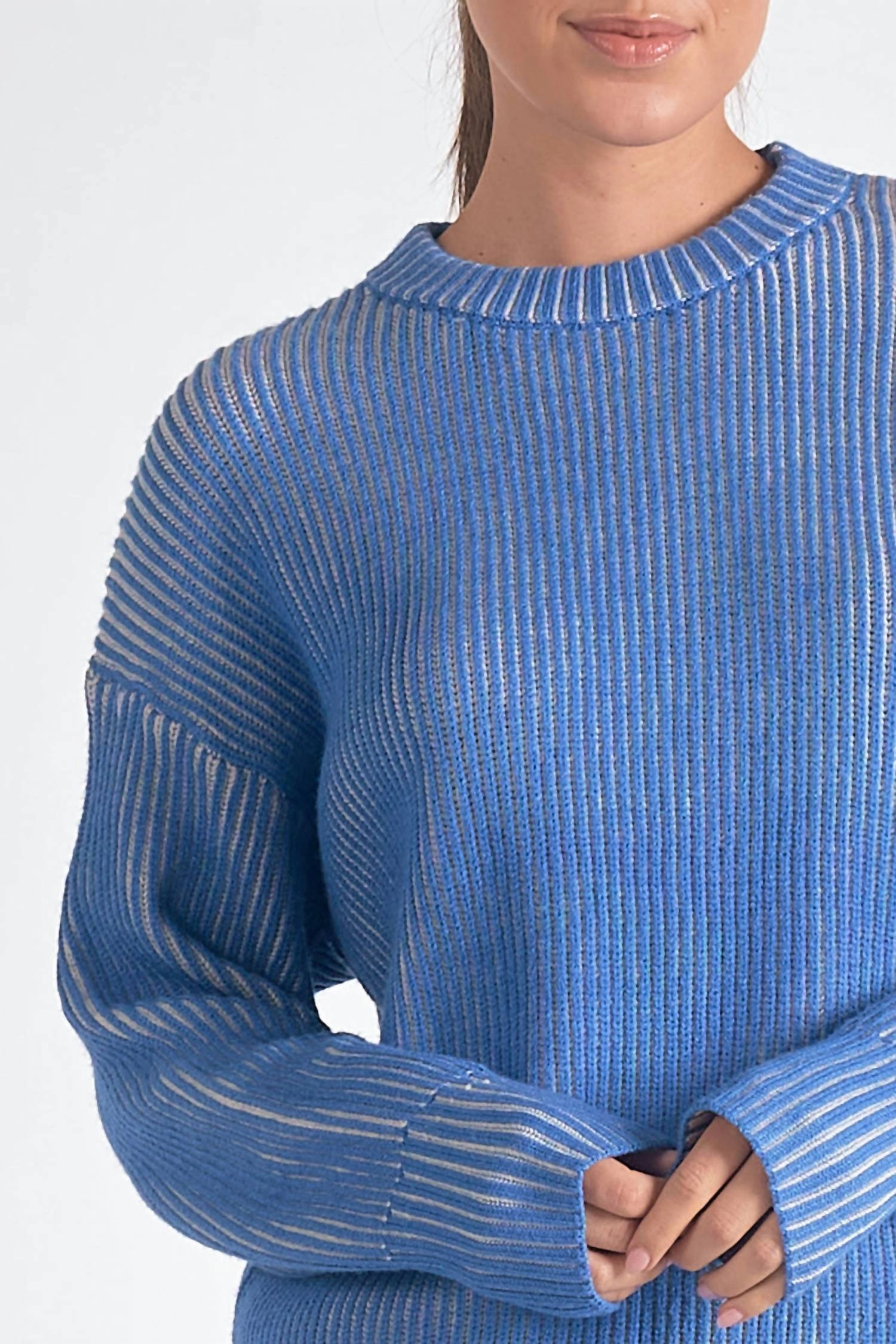 Kendra Ribbed Crewneck Sweater In Blue/white