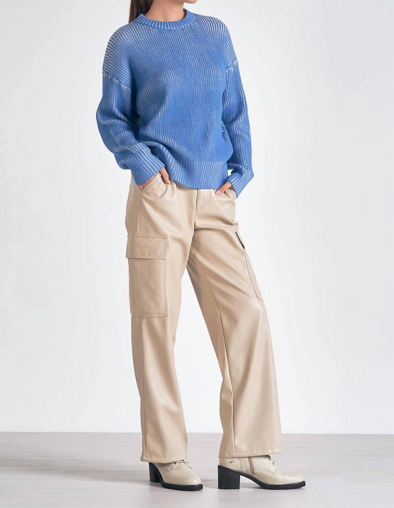 Kendra Ribbed Crewneck Sweater In Blue/white