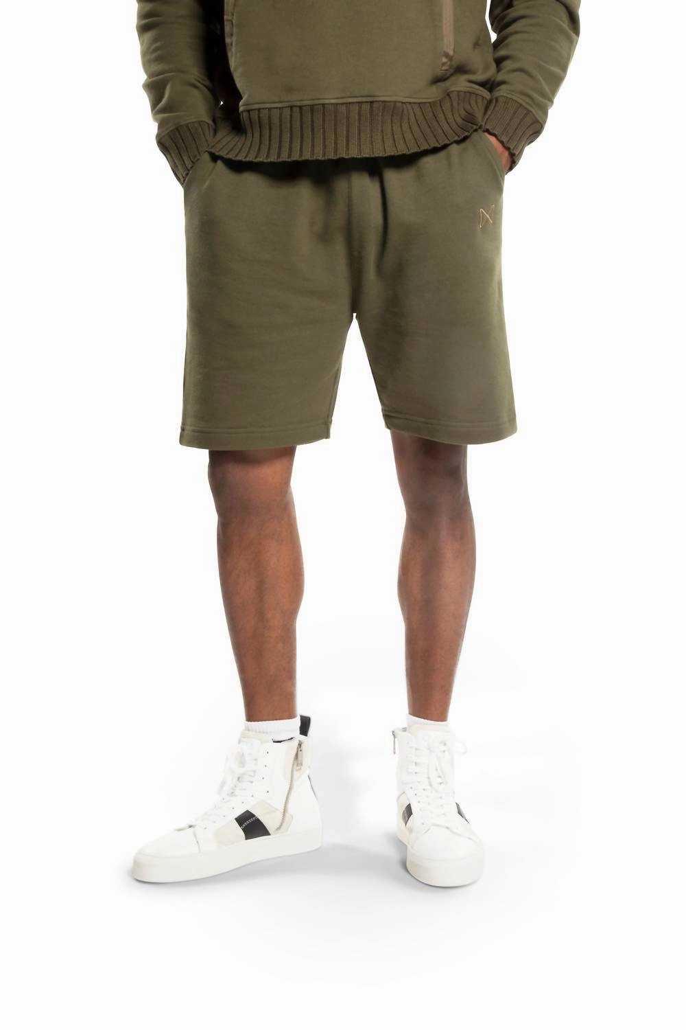 Knit Sweat Short With Pocket Stripe Detail In Dark Olive