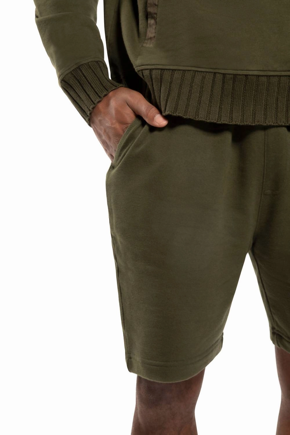 Knit Sweat Short With Pocket Stripe Detail In Dark Olive