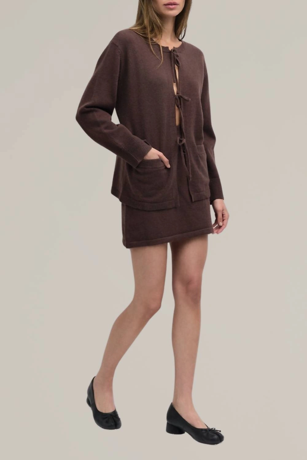 Knit Sweater Tie Front Cardigan In Chestnut