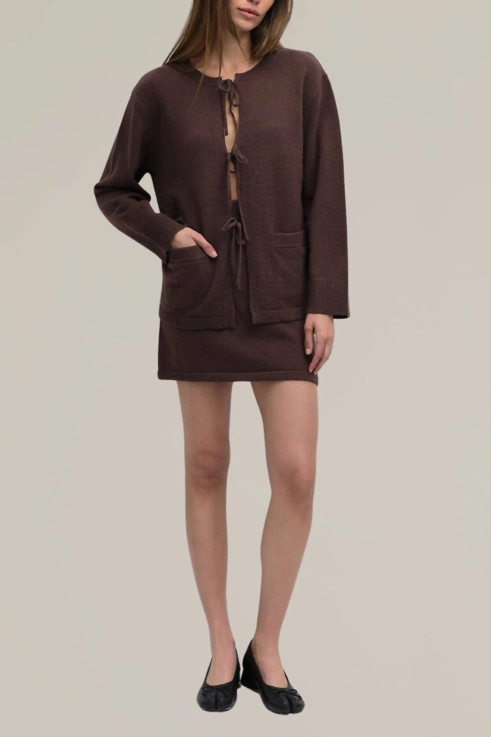 Knit Sweater Tie Front Cardigan In Chestnut