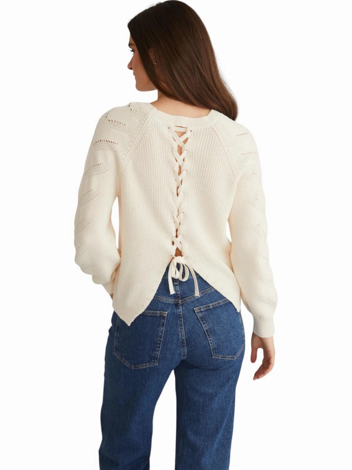 Lace Back Raglan Sweater In White