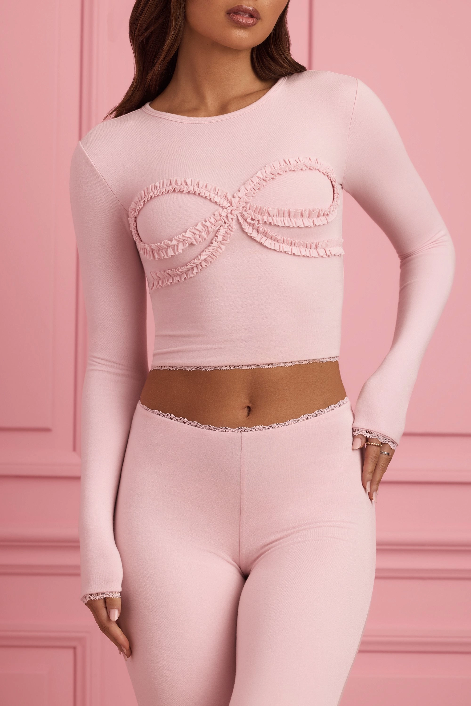 Lace-Trim Appliqu Pyjama Top in Baby Pink
